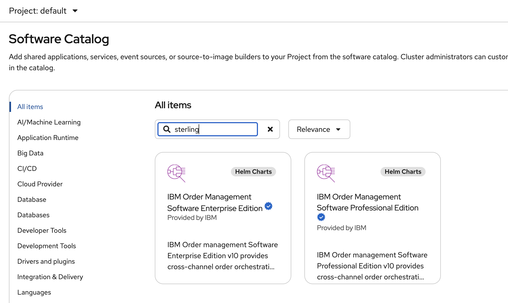 Figure 3: OpenShift Operator hub, Sterling operator